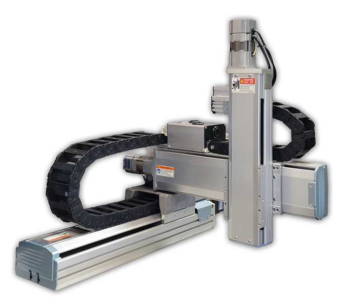 This Cartesian setup includes components (actuators and linear slides) from PHD, Inc. Particularly common in packaging applications, such stages are increasingly modular.