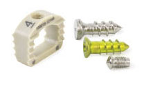Cervical cage implant and titanium bone screws manufactured by Eisertech on a Tormach PCNC 1100, used in spinal surgery. Gold screw is anodized.