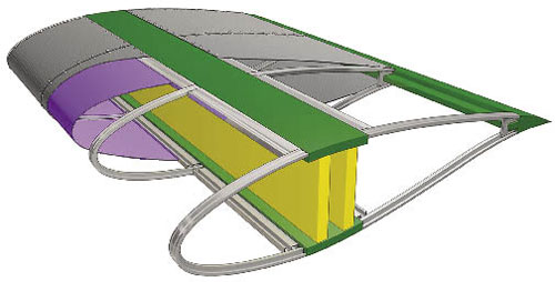 The cutaway depicts a new manufacturing concept for wind blades that would entail covering a steel frame with tensioned fabric. This approach could significantly reduce production costs and make wind more