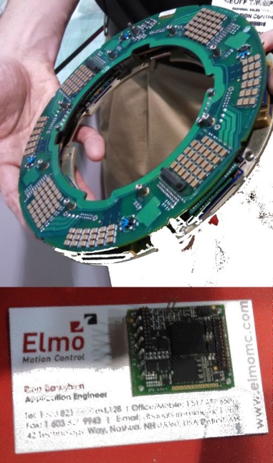 At last year's show, Elmo showed this annular shaped board that goes into an Israeli missile. It contains four axes of servo controllers with each axis capable of driving 16 kW. The tiny board on the business card is called the Gold Bee and is billed as the most powerful servocontroller of its size, handling 4 kW. It has a sample time of as low as 50 µsec for current, velocity, and position loops.