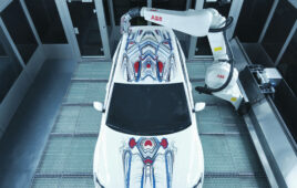 overhead shot of car being painted by ABB robot.