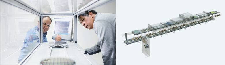 Two engineers looking through a wafer transport system (left) and a isometric view of a linear transport system from Bosch Rexroth (right).
