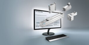 Festo Electric32Motion32Sizing32Tool- Laptop with FESTO product superimposed over it on a gray background