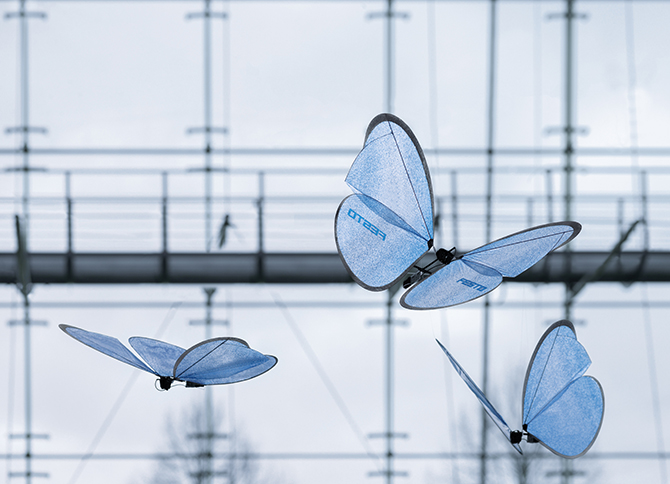 Festo eMotion butterflies demonstrate group-flight characteristics.