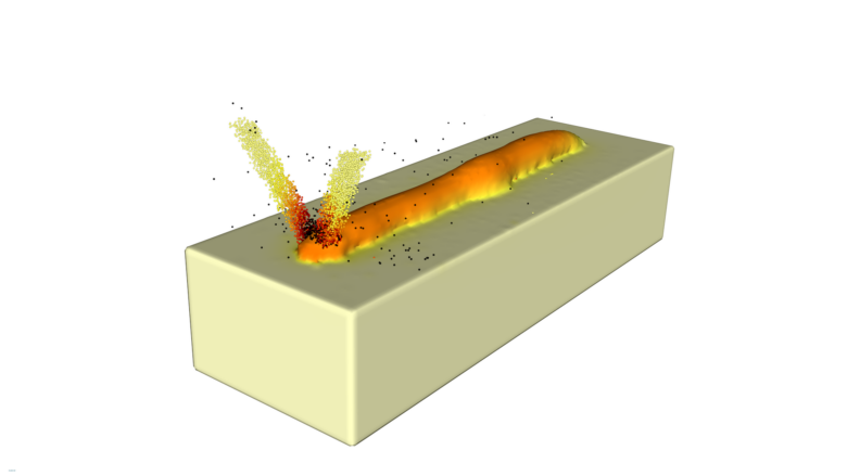 A screenshot of a Flow-3D AM directed energy deposition (DED) powder simulation.