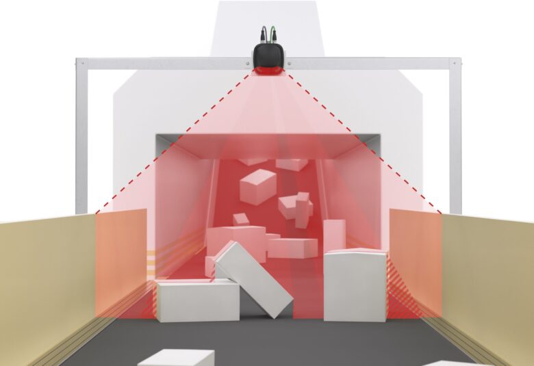 A vector graphic of a Pepperl Fuchs 2D LiDAR sensor Contour2D scanning boxes on a conveyor belt.