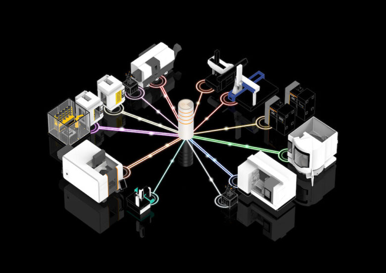 A graphic showing Renishaw Central at the center and various machines connected to it by data threads.