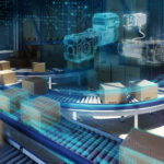 Artist rendering of packages on conveyor with blue holograms SINAMICS G115D Key Visual