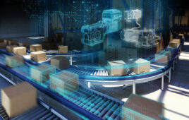Artist rendering of packages on conveyor with blue holograms SINAMICS G115D Key Visual
