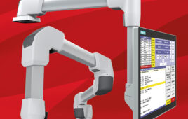 ROLEC arm connected to HMI product shot on red background